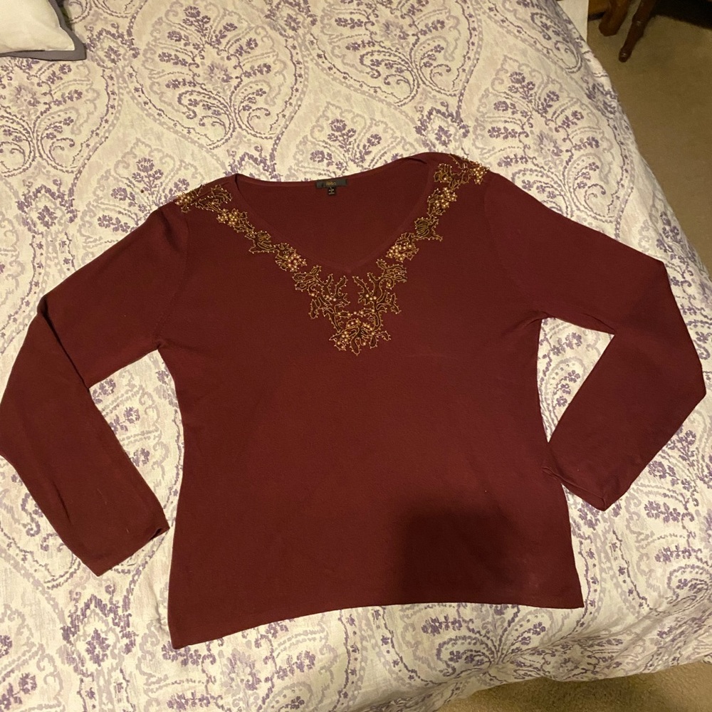 Women’s Reba Sz L Long Sleeve Burgundy Sweater with embellishments.